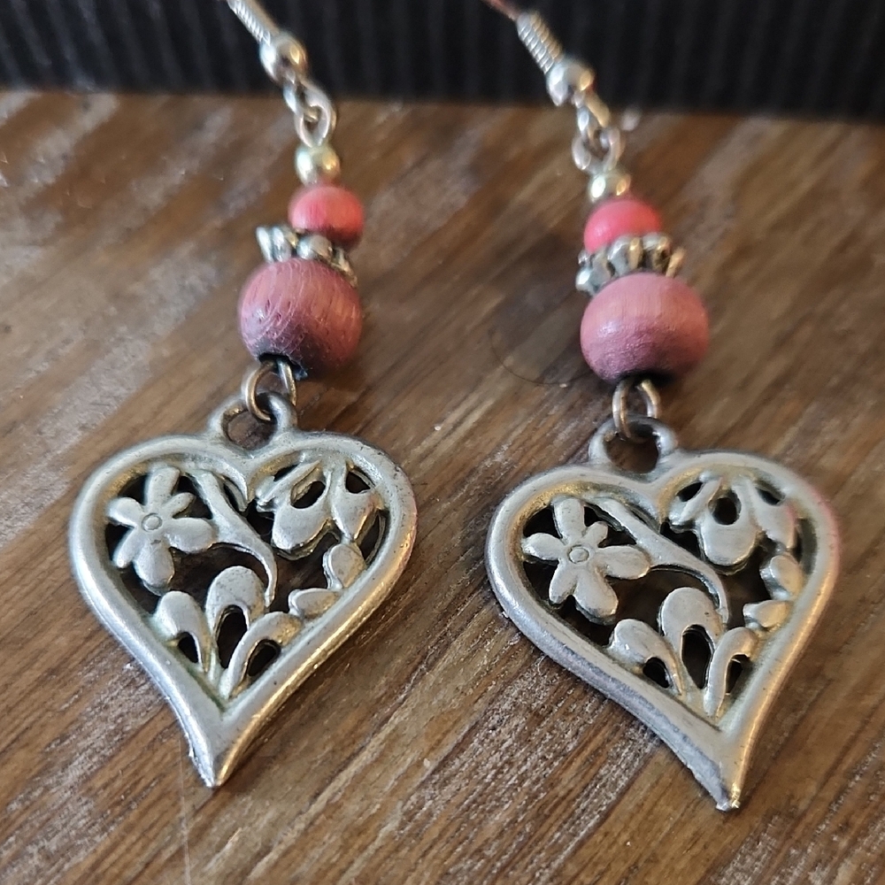 Silver Tone Heart Earrings with Pink Accents